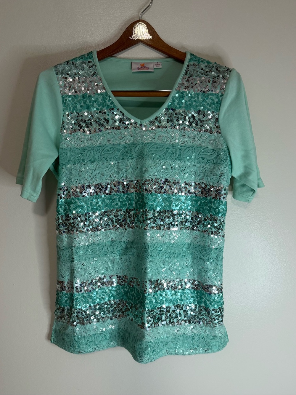 Quacker Factory Sequin Lace Stripe Mint Green Women's Top size small